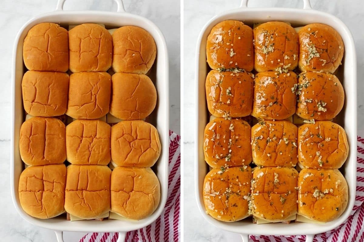 assembled sliders before and after brushing on butter.