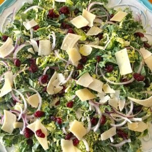 serving bowl of brussels sprouts and kale salad.