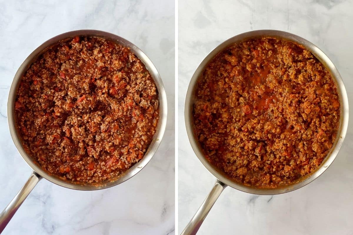 meat sauce before and after simmering.