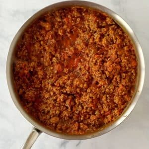 skillet of meat sauce.