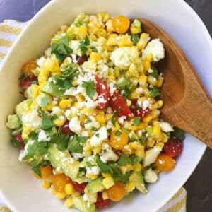 bowl of corn tomato avocado salad.