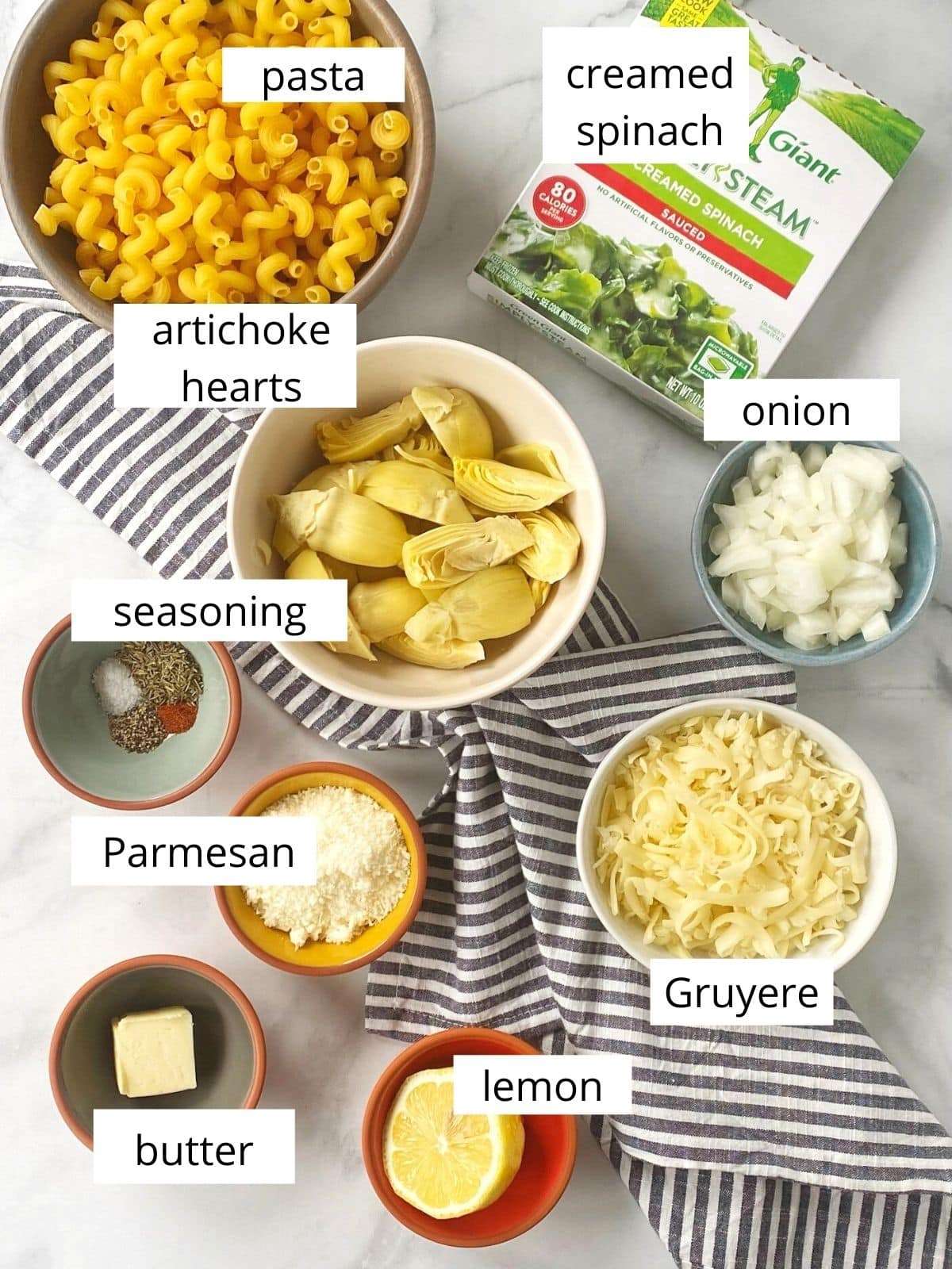 ingredients for spinach artichoke pasta.