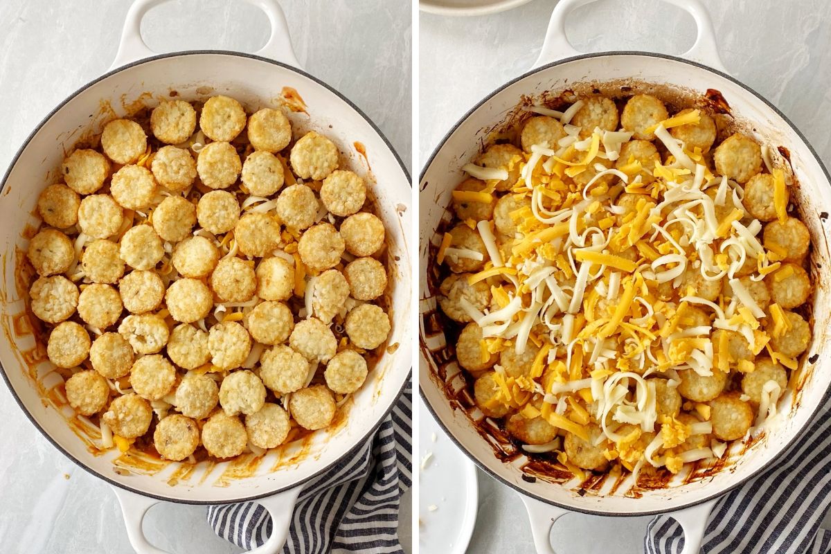 beef mixture topped with tater tots then topped with cheese.
