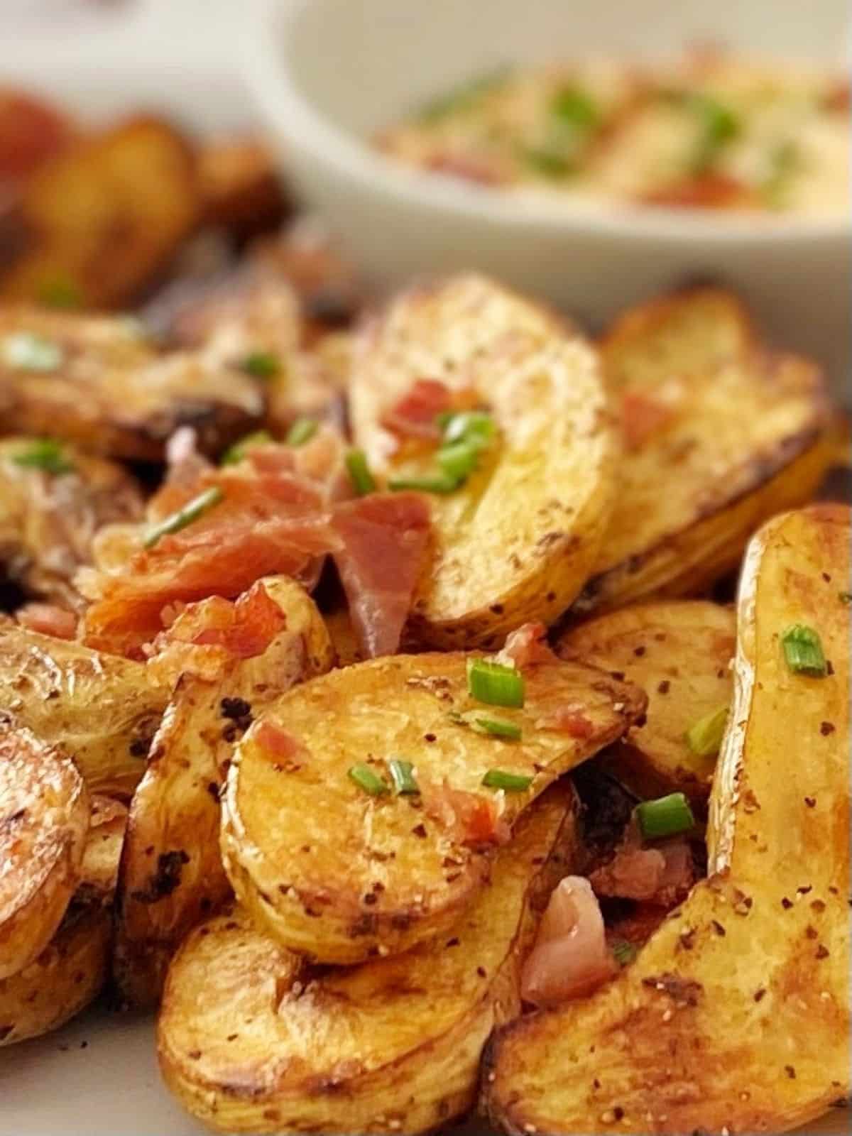 close up of fingerling potatoes on a platter.