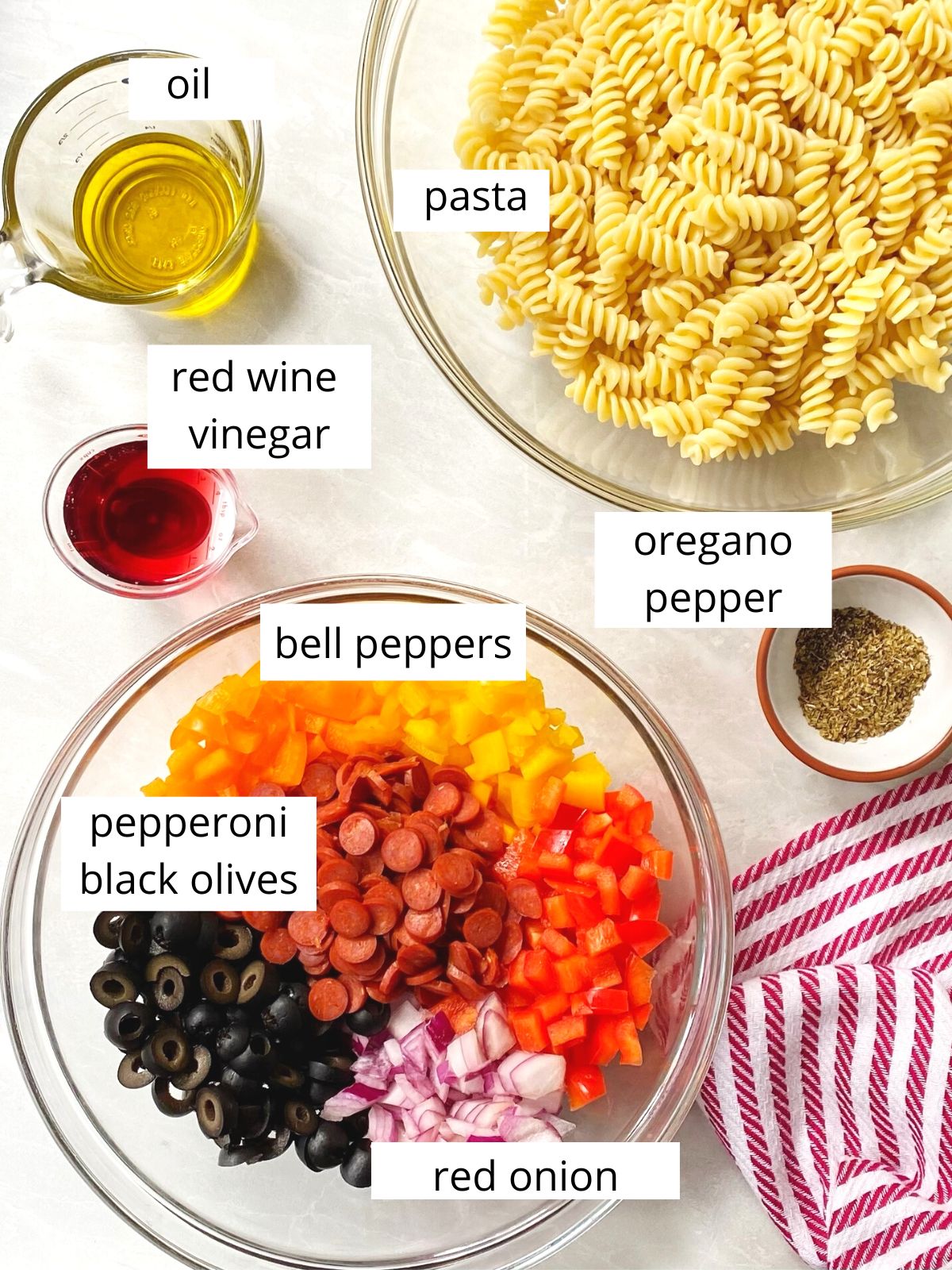 ingredients for summer pasta salad.