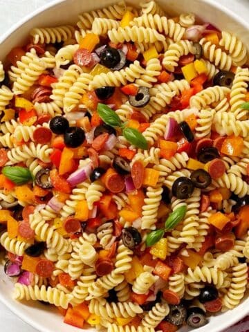 top down shot of pasta salad in serving bowl.
