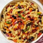 top down shot of pasta salad in serving bowl.