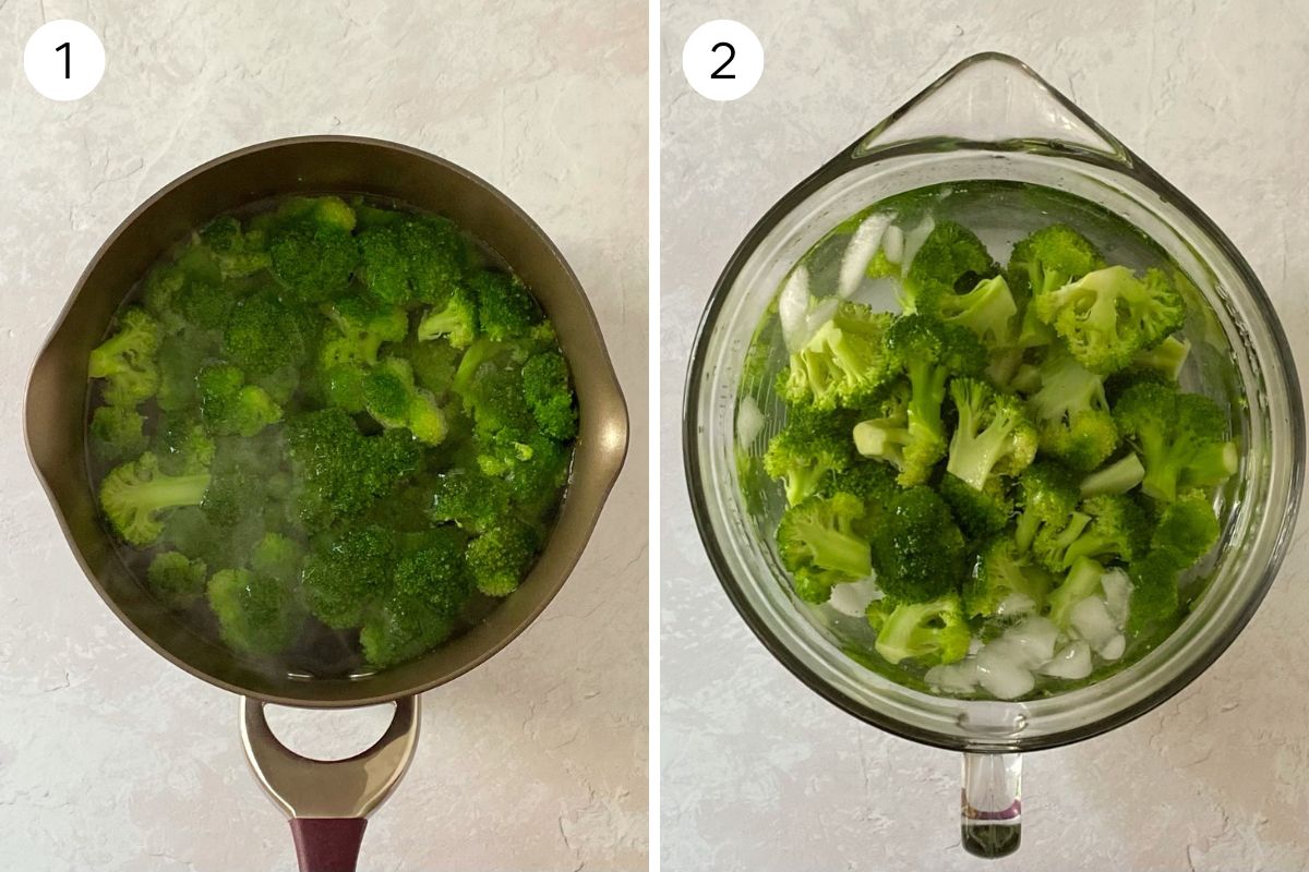 blanching broccoli and adding to ice water.