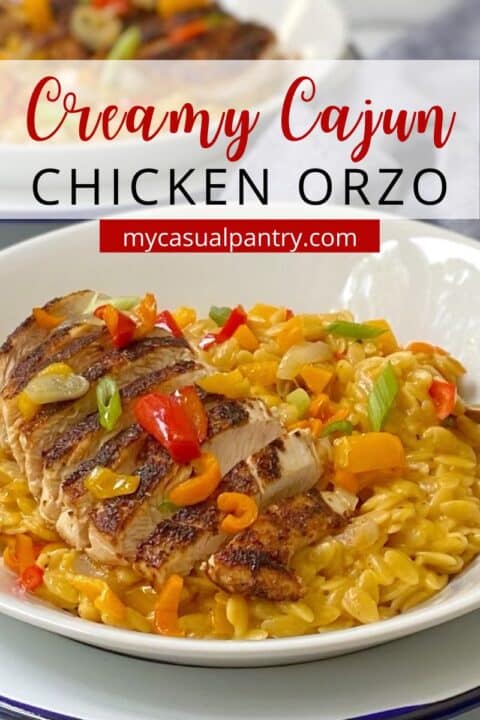 close up of bowl of cajun chicken orzo.