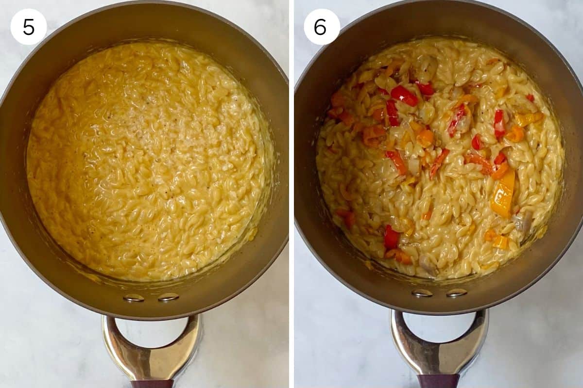 adding cream and cheese, peppers and onions to orzo.