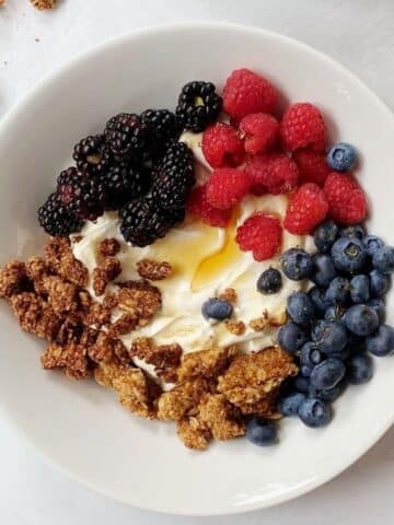 top down shot of bowl with yogurt, berries, and granola.
