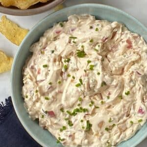 close up of blue bowl with dip.