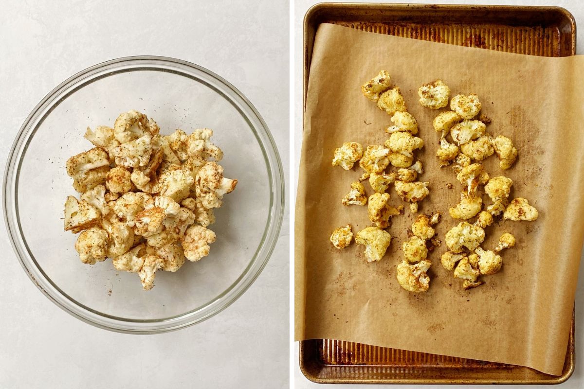 tossing cauliflower with spices and roasting.