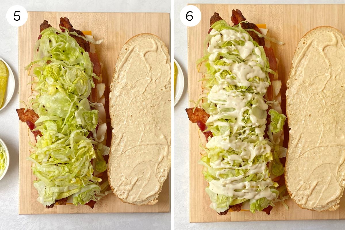 adding lettuce and ranch drizzle to sandwich.
