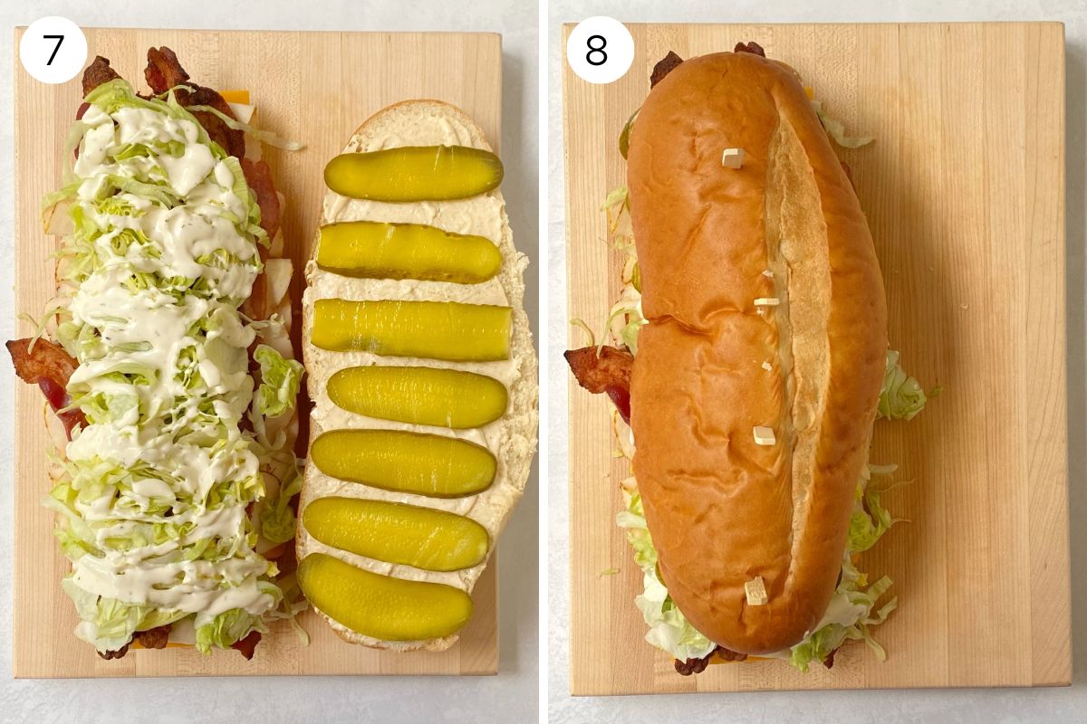 adding pickles and the whole sandwich.