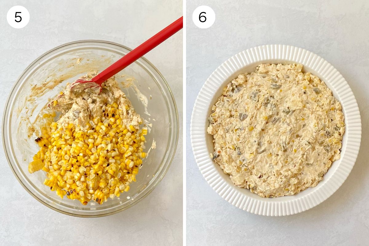 mixing in corn and spreading mixture in baking dish.