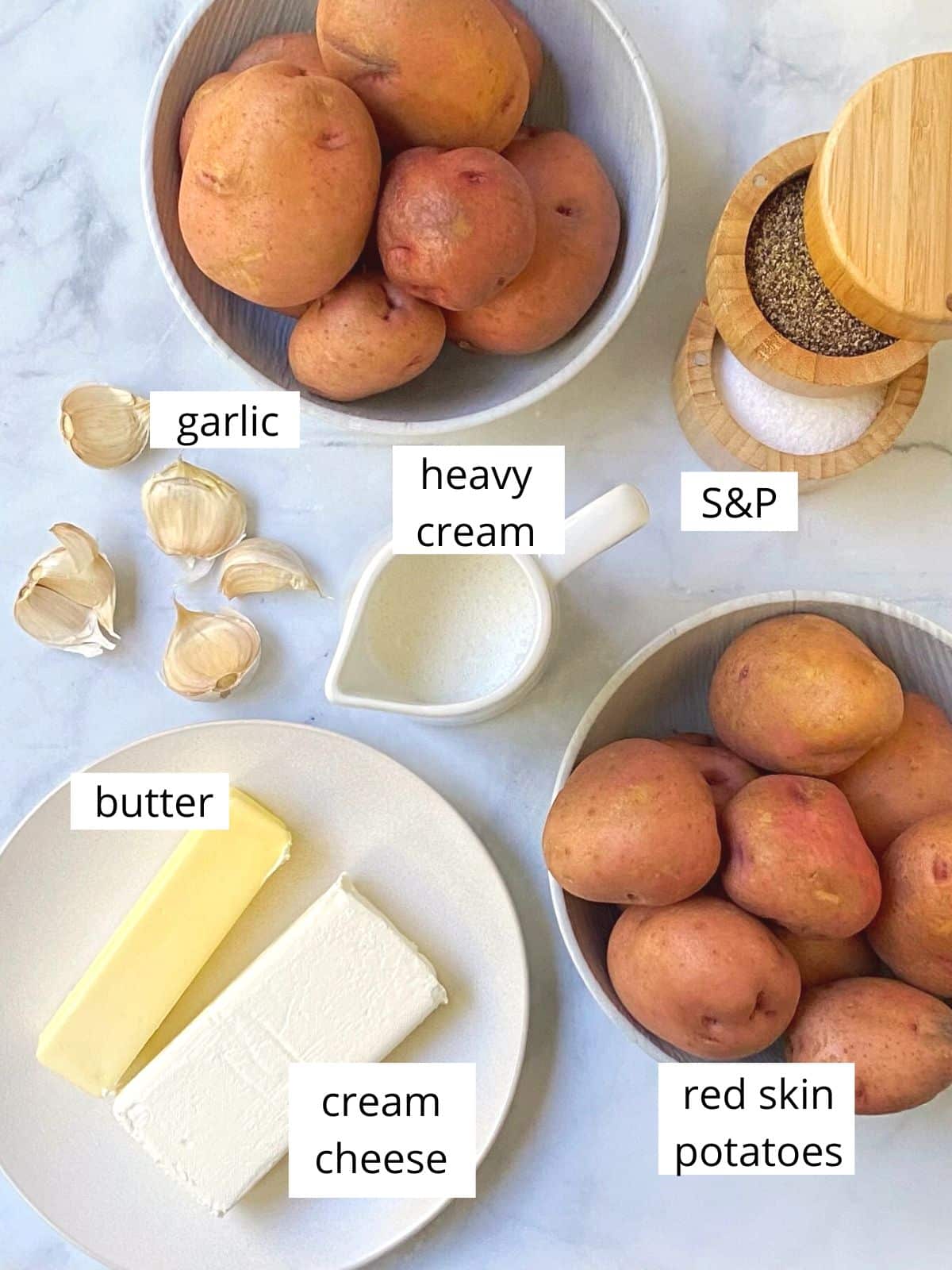 ingredients for garlic red skin mashed potatoes.