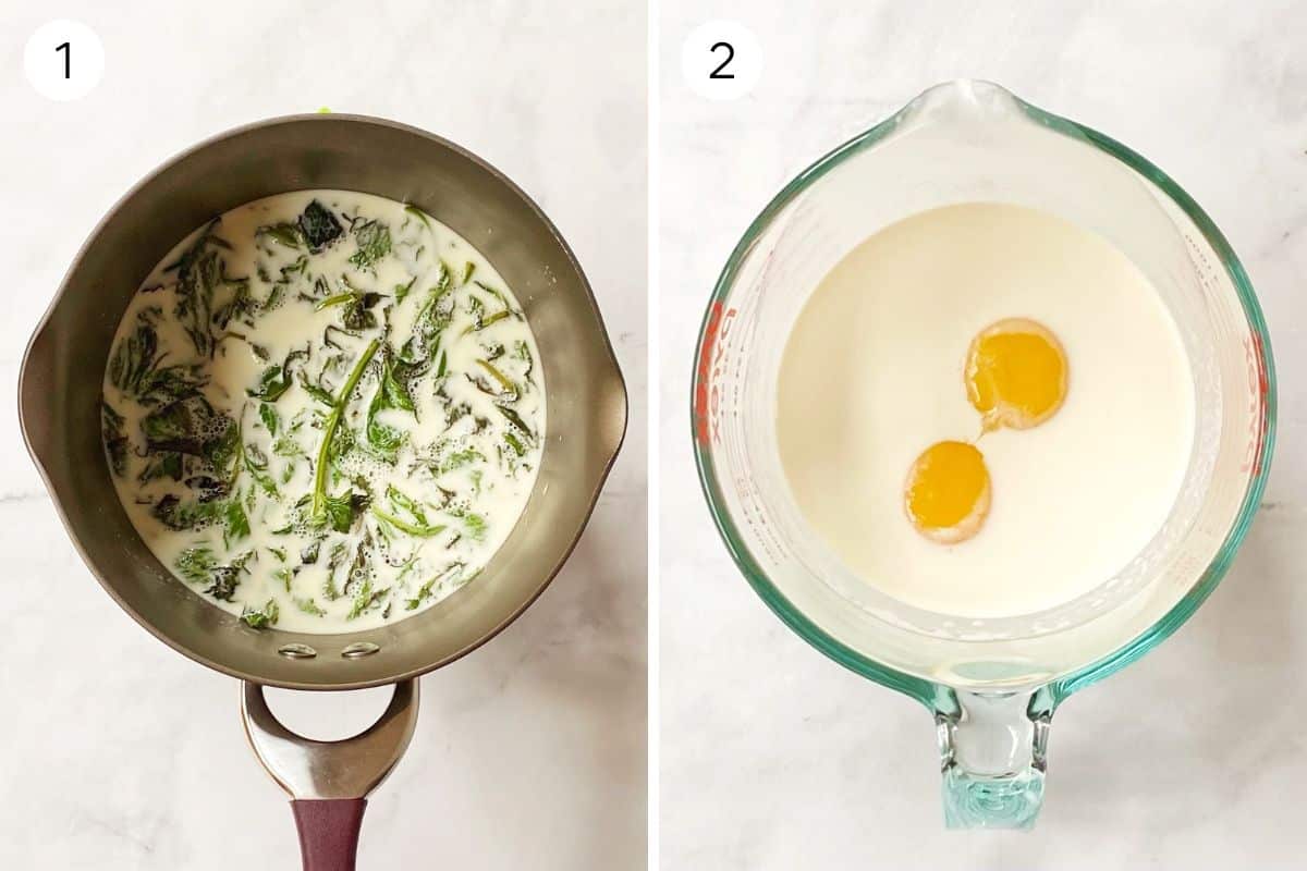 fresh mint in warm cream and whisking egg yolks into cream.