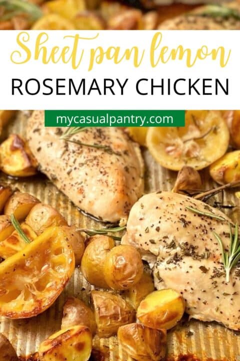 close up of chicken and potatoes on sheet pan.