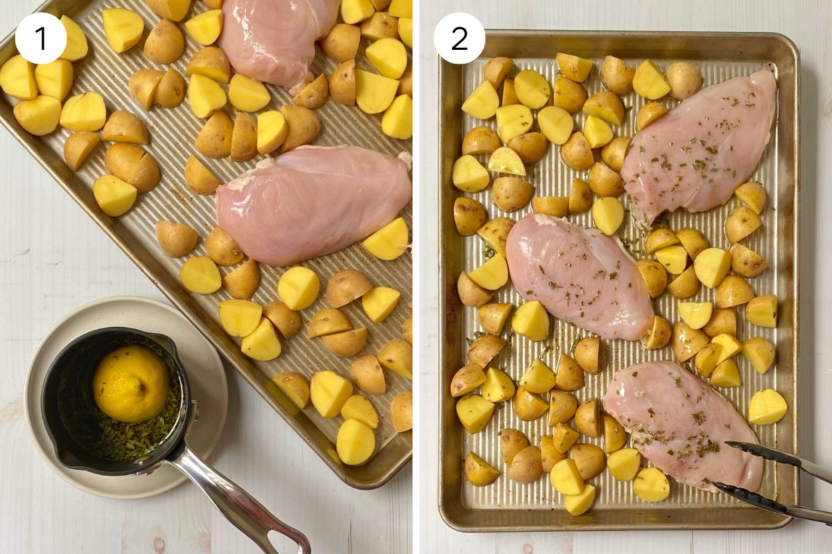 adding lemon herb oil to chicken and potatoes on sheet pan.