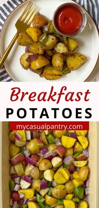 plate of potatoes and baking dish of potatoes, peppers, onions.