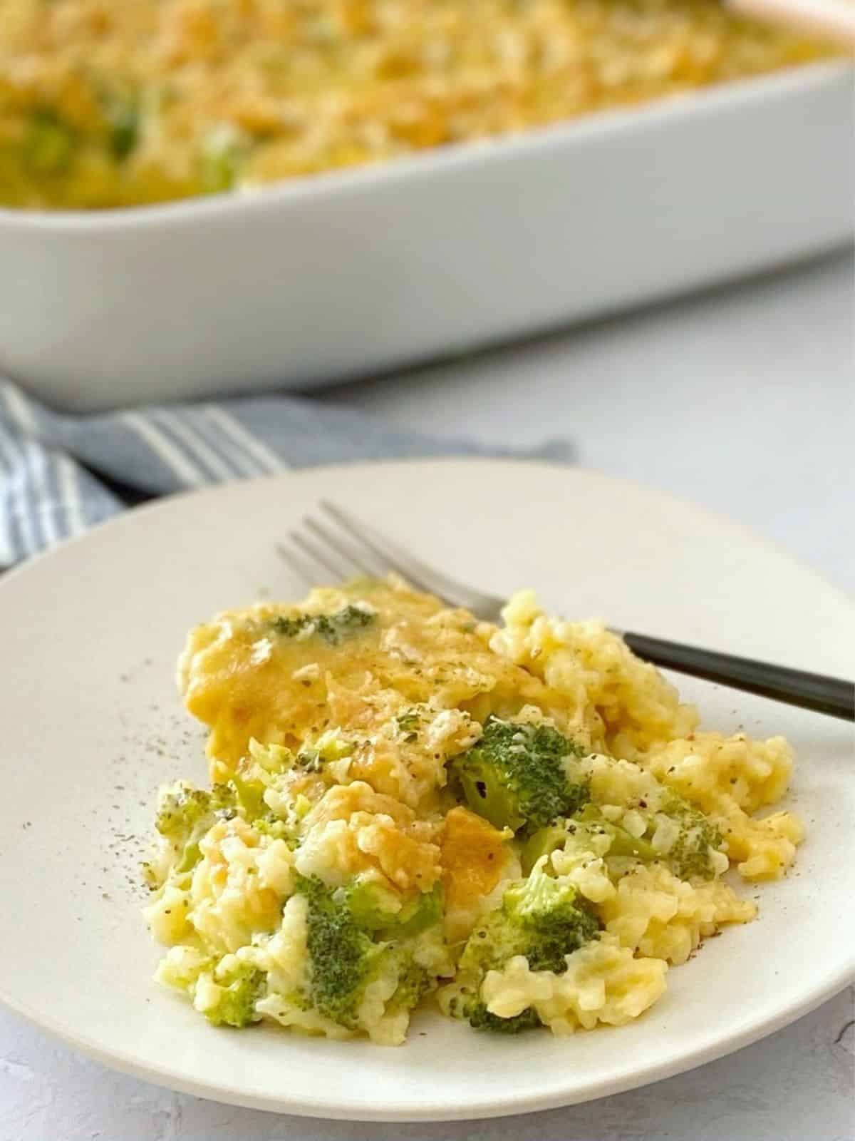side view of broccoli casserole on a plate.