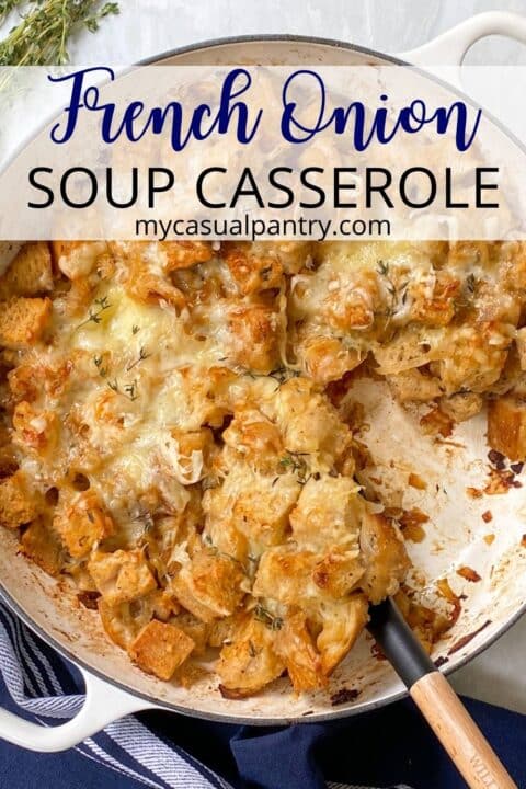 skillet of french onion soup casserole.