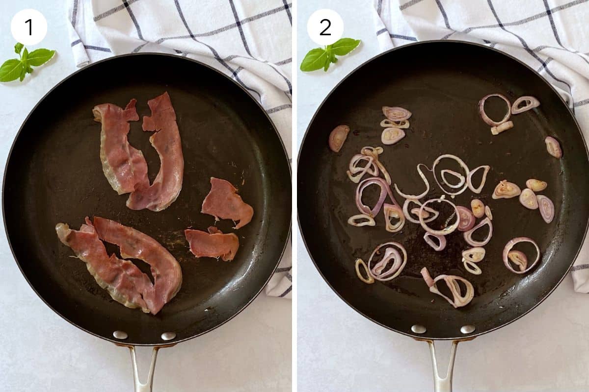 cooking prosciutto and shallots in a skillet.