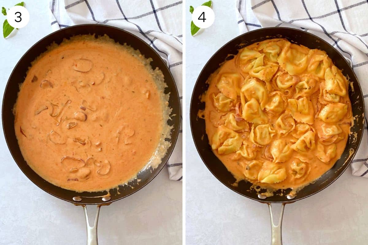 mixing sauce together and adding tortellini to the skillet.