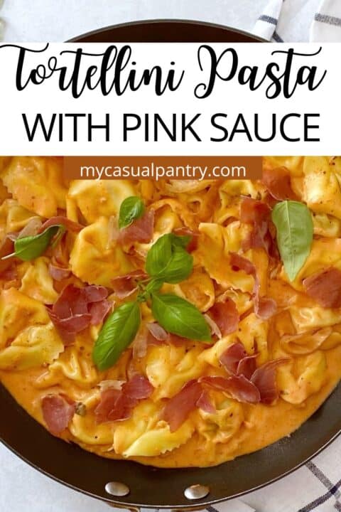 skillet of tortellini pasta in pink sauce.