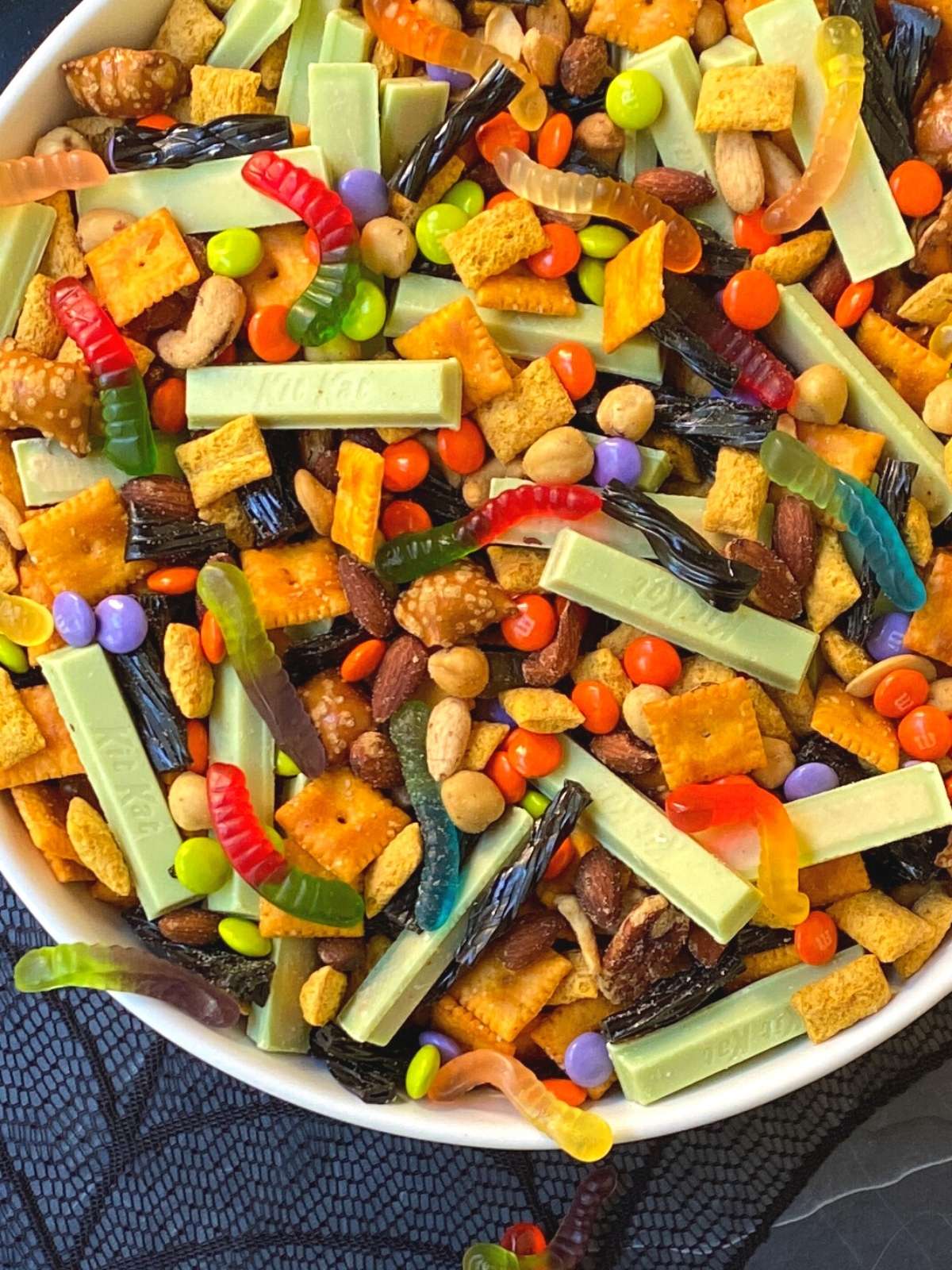 close up of bowl of snack mix.