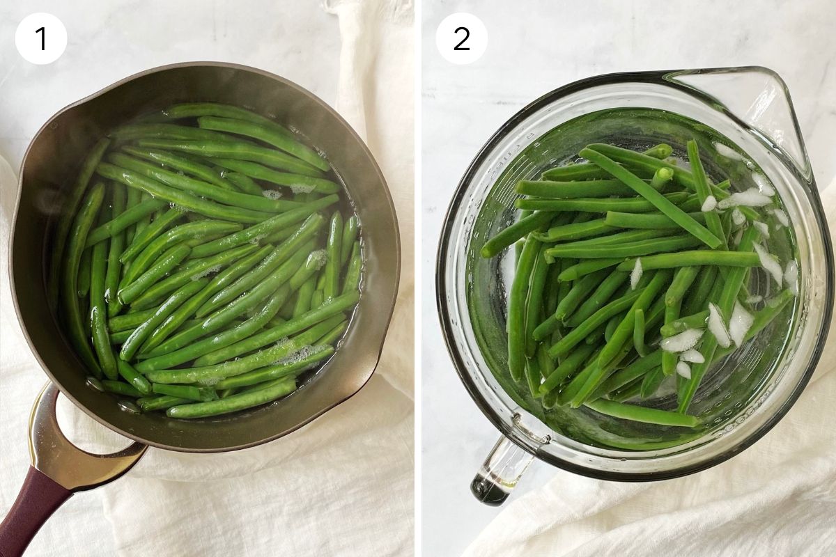 blancihing green beans and transferring them to ice water.