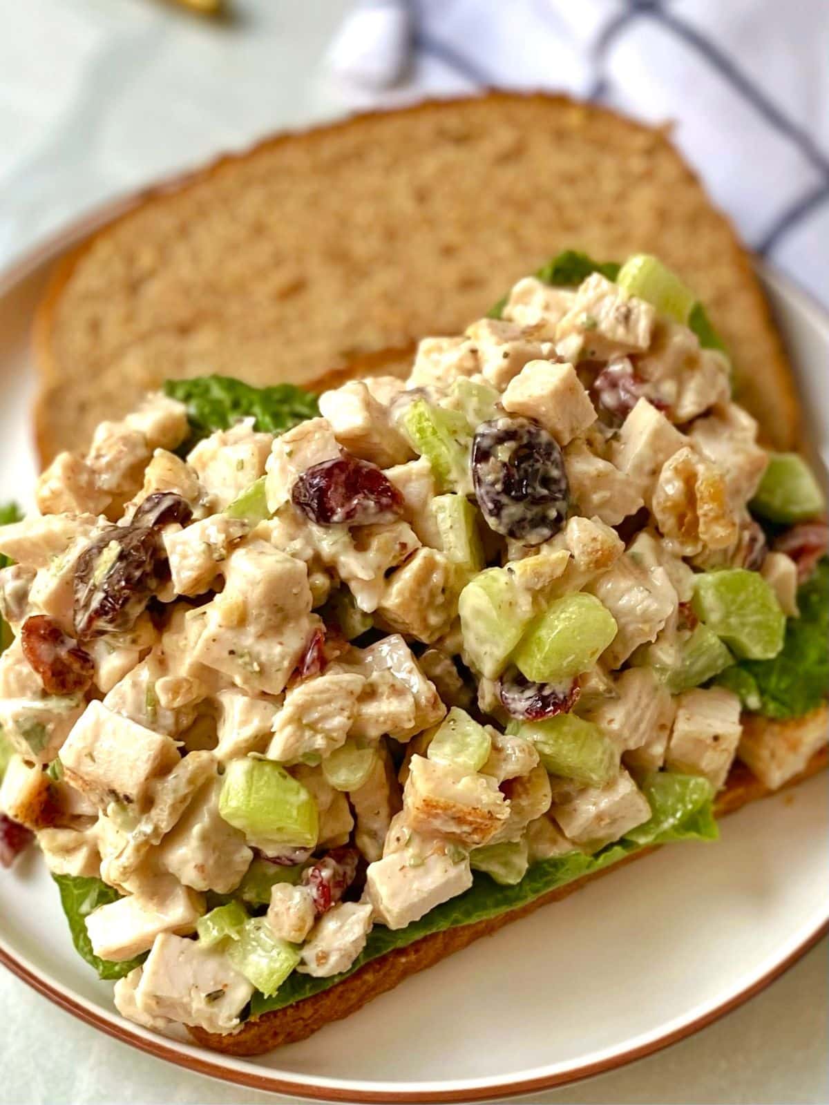 close up of open faced turkey salad sandwich.