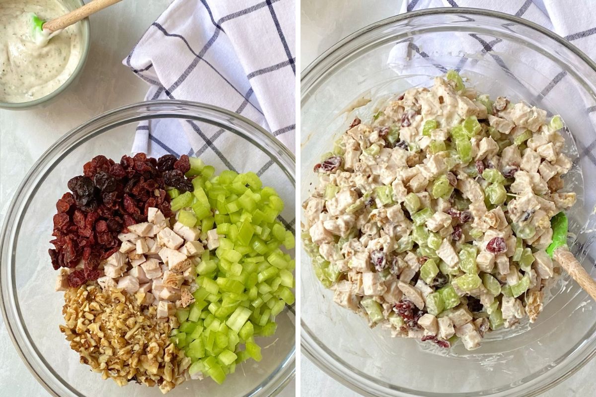 adding salad ingredients to a bowl and mixing with dressing.