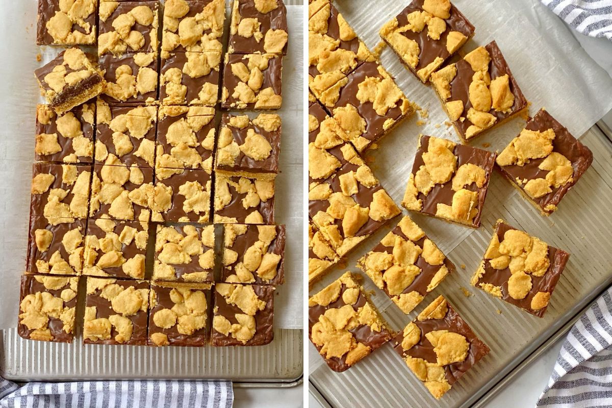 baked and sliced peanut butter fudge bars.