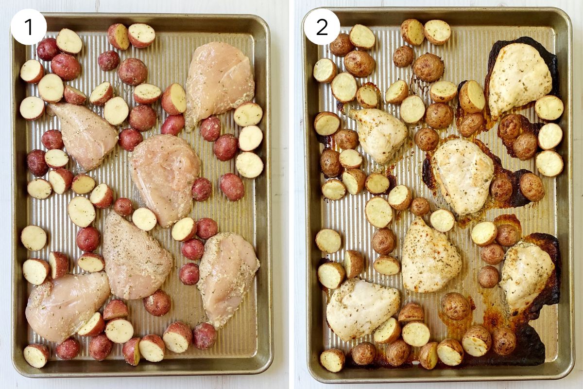 chicken and potatoes on pan before and after baking.