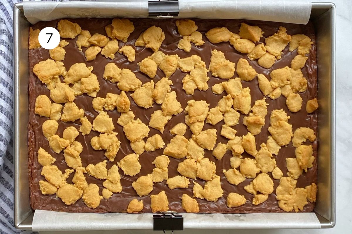 pan of baked peanut butter cake mix bars.