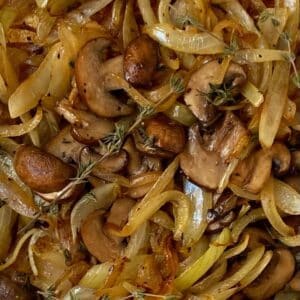 close up of mushrooms and onions.