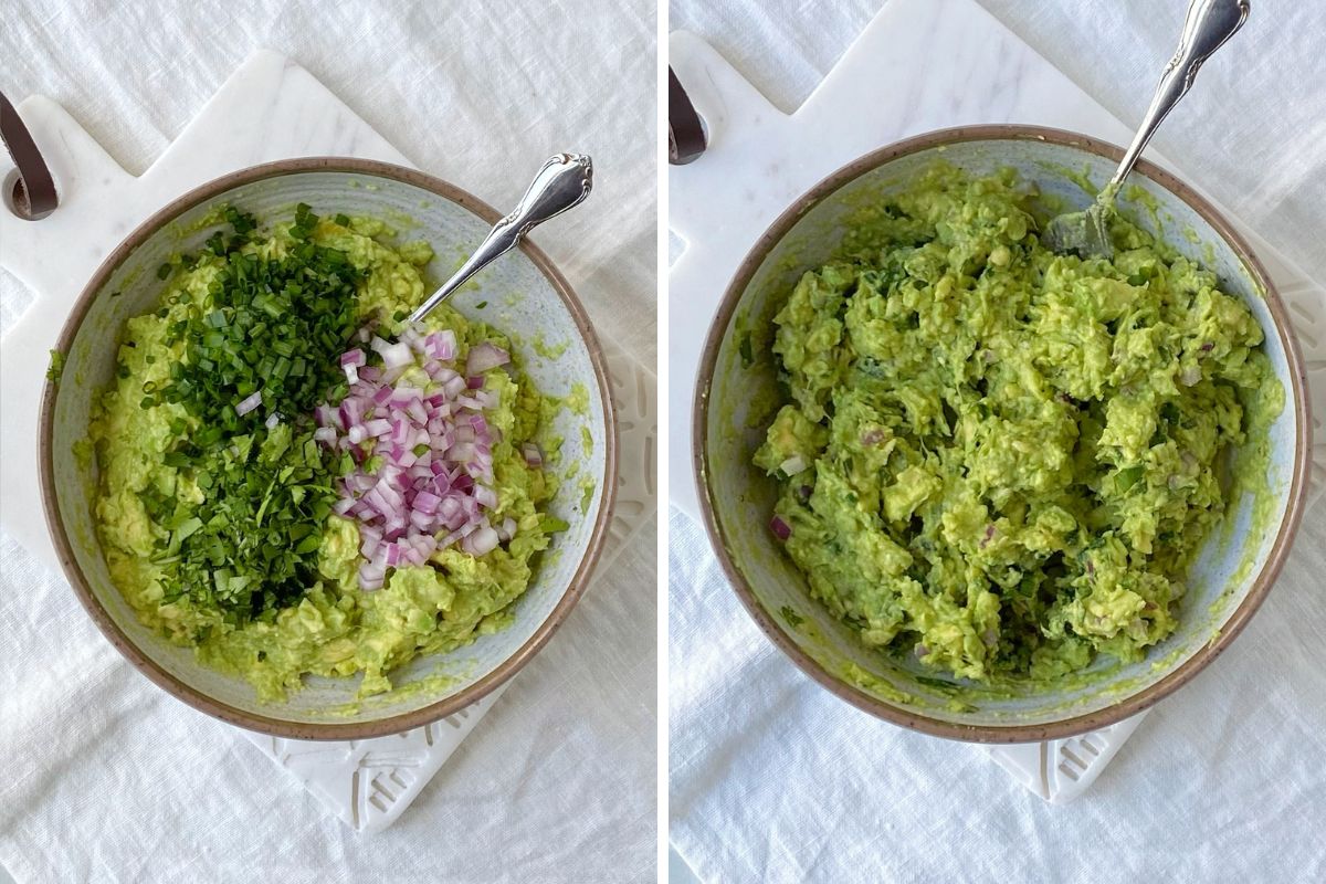 mixing onion and herbs with avocado.