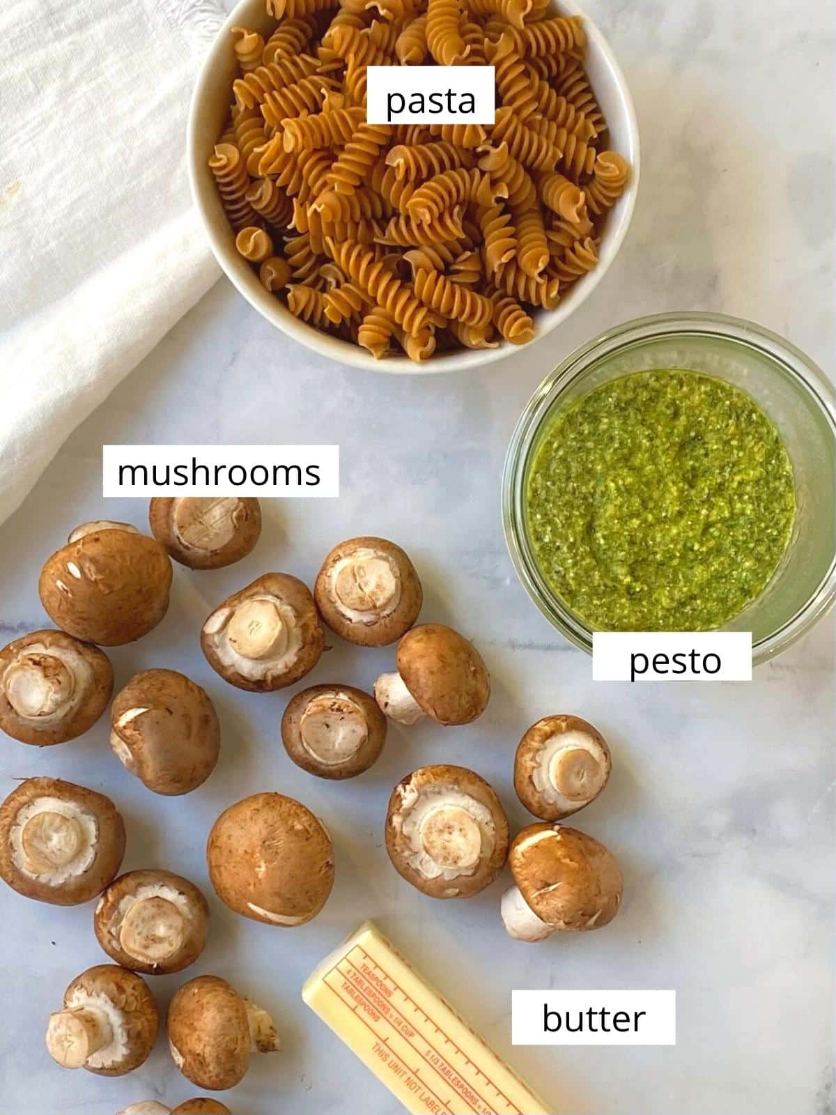 ingredients for mushroom pesto pasta.