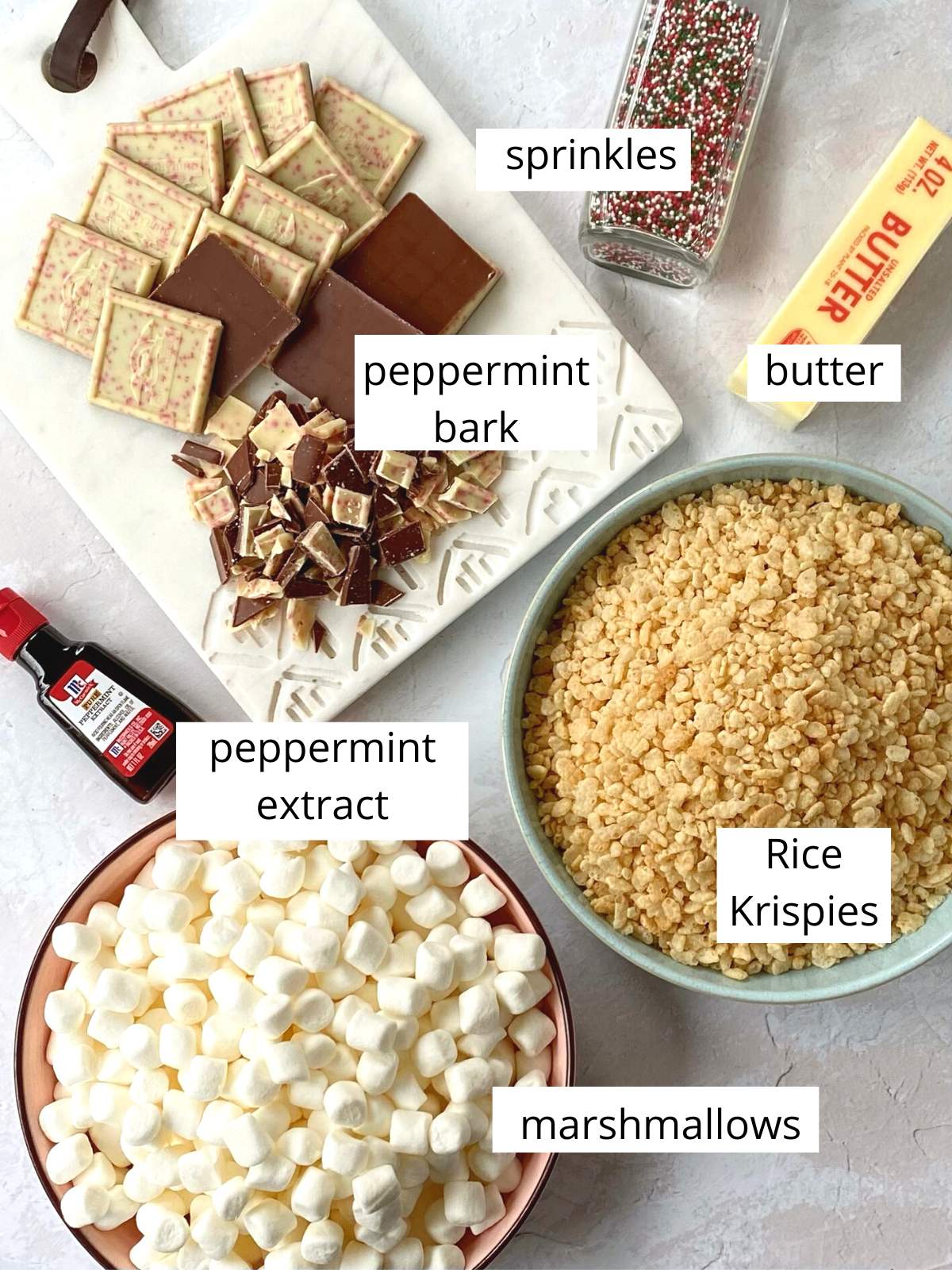 ingredients for peppermint bark rice krispie treats.