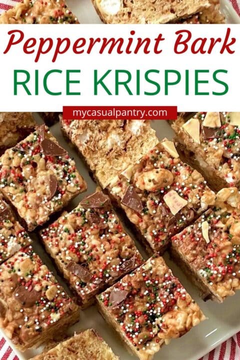 top down shot of rice krispie treats on a platter.