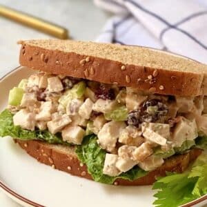 close up of turkey salad sandwich on a plate.