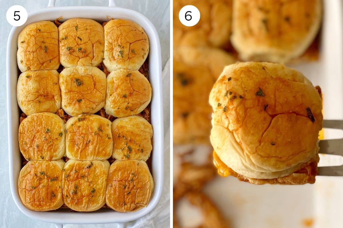 casserole of baked sliders and a slider close up.