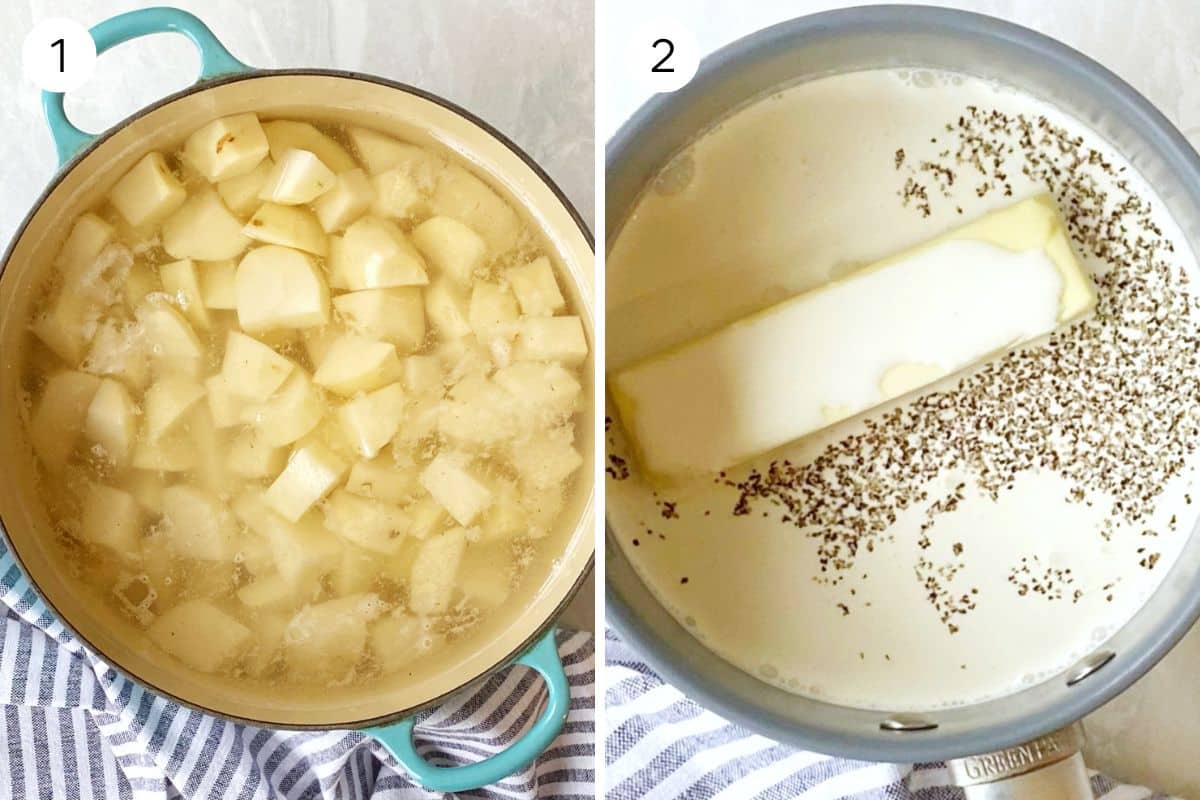 cooking potatoes in pot and warming cream and butter in pan.