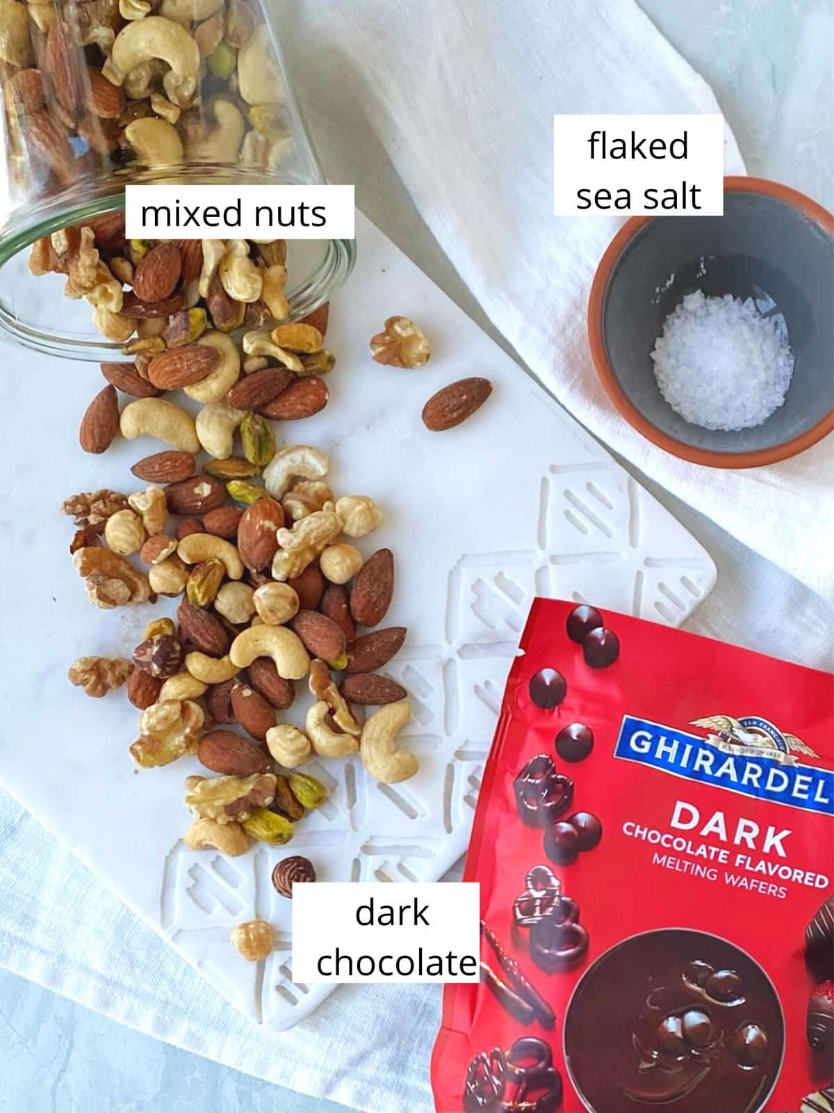 ingredients for dark chocolate nut clusters.