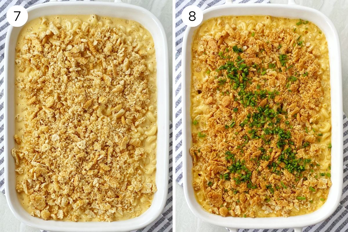 casserole of unbaked and baked mac and cheese.