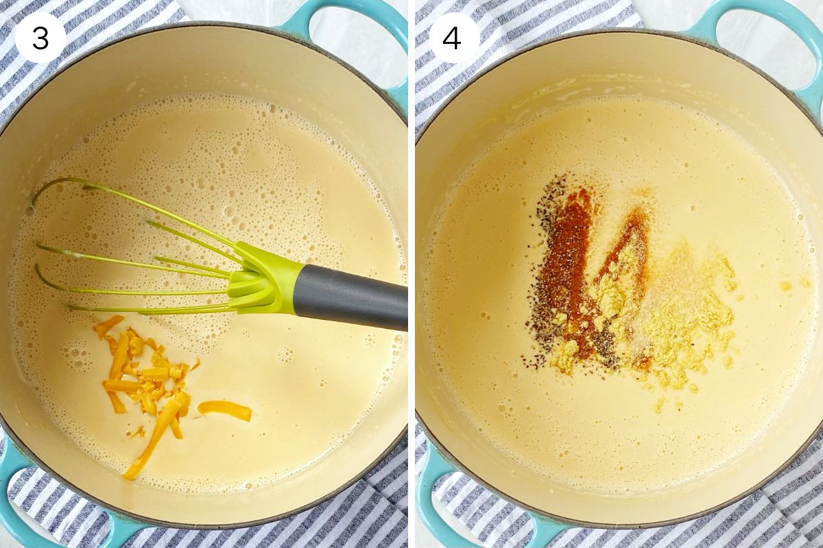 mixing cheese sauce for mac and cheese.
