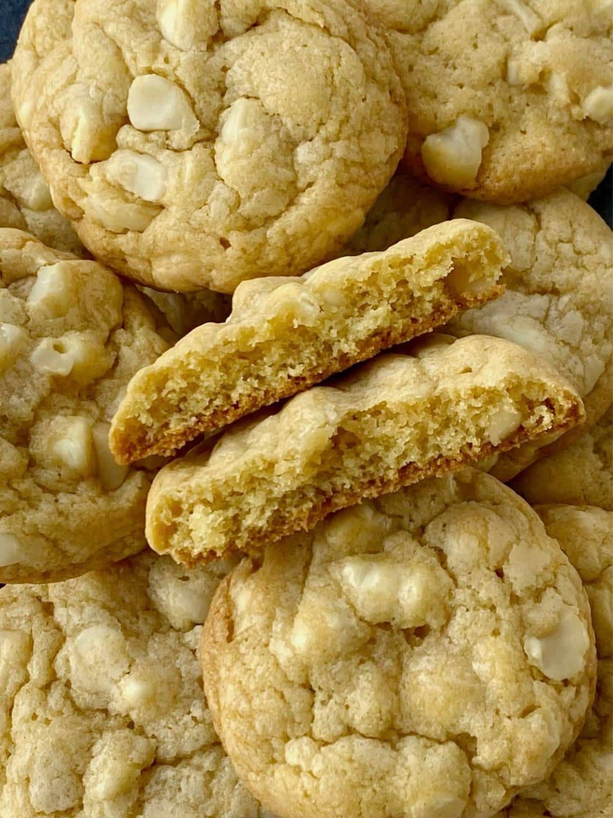 close up of cookies with one broken in half.