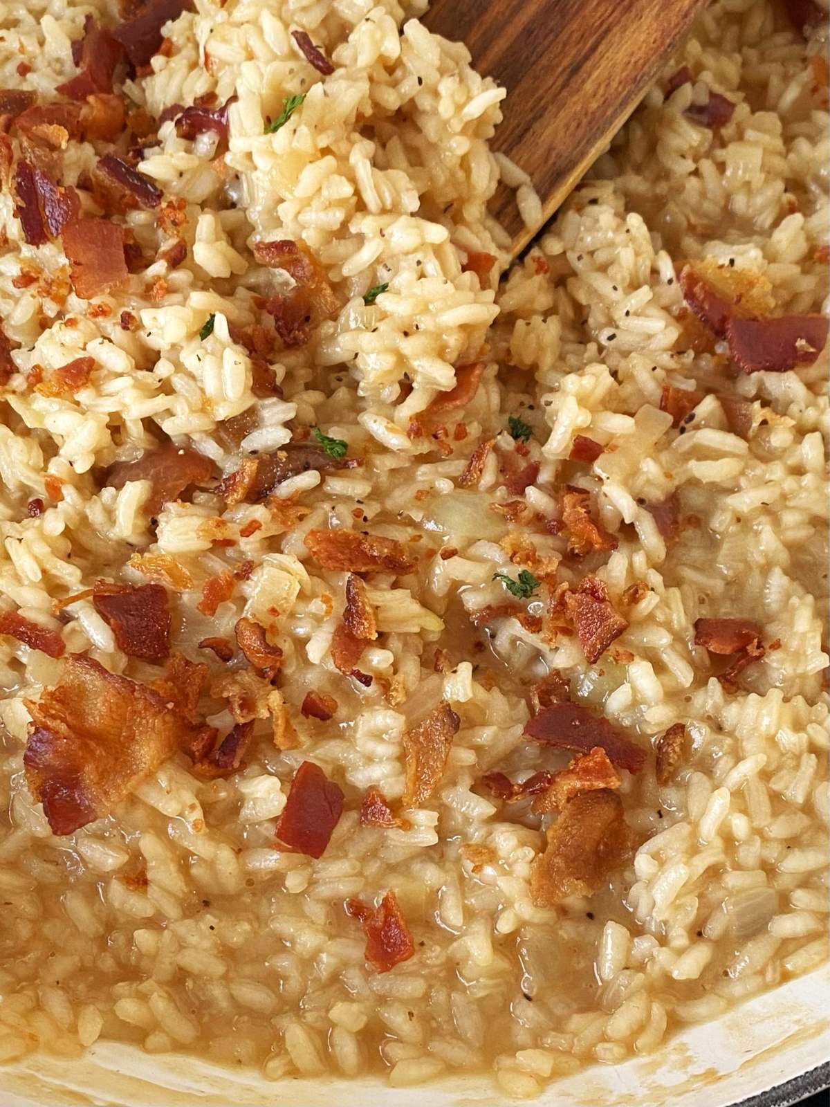 top down close up of risotto in skillet.